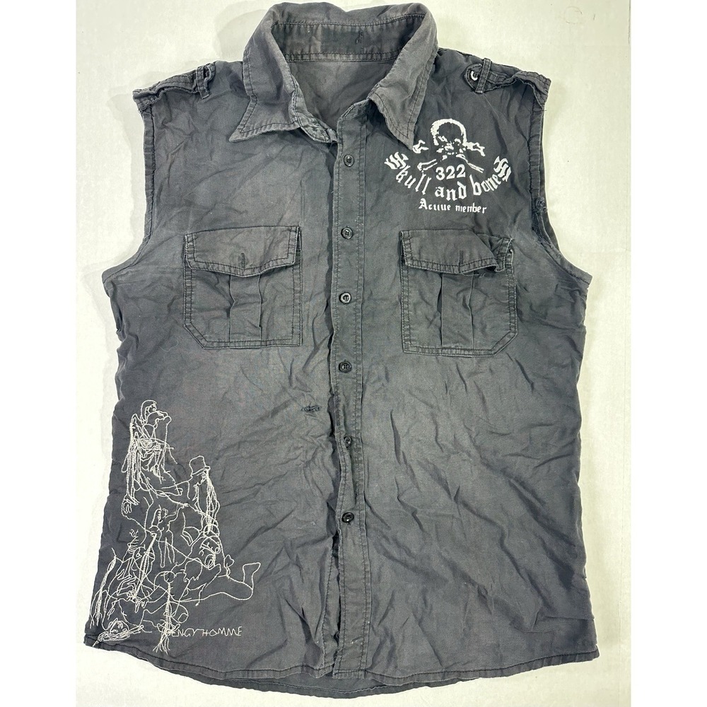 Skull & Bones 322 Sleeveless Button Down Vest Shirt Eagle Graphic Rengy Homme